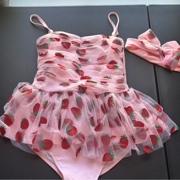 Lola + The Boys Other - Lola + The Boys Pink Strawberry Print Swimsuit with Bow